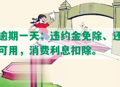 发卡逾期一天：违约金免除、还款后次日可用，消费利息扣除。